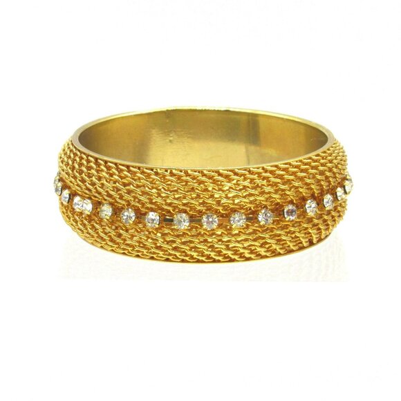 Y2K Gold Wide Mesh Bangle Bracelet Crystal Rhinestone Lee Angel Neiman Marcus - Picture 2 of 9